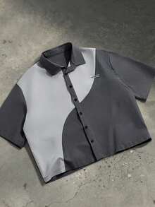 SWAVVY 男士休闲衬衫，拼接设计，复古时尚，约会必备 - 灰色 - 查看 1