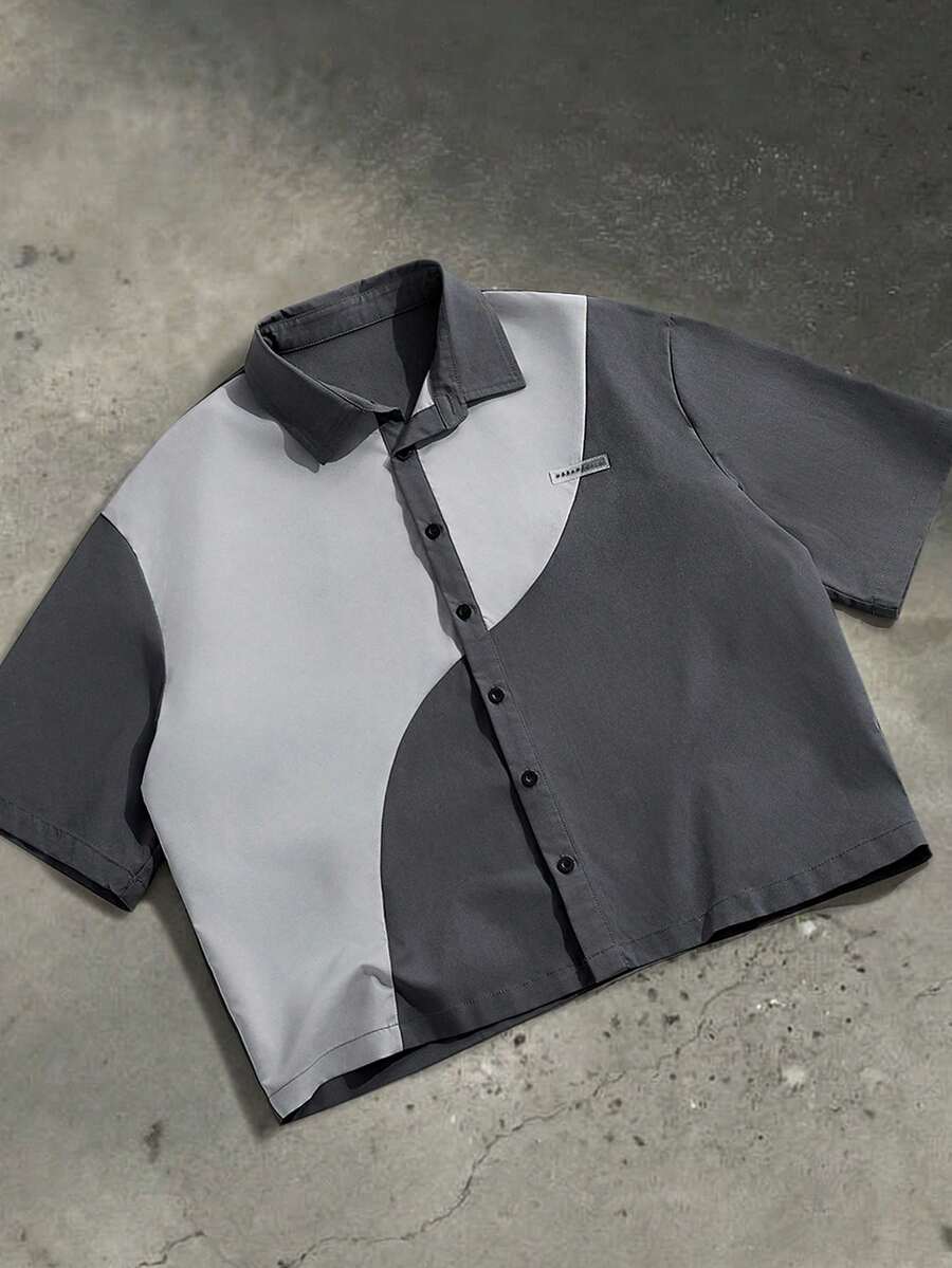 SWAVVY 男士休闲衬衫，拼接设计，复古时尚，约会必备 - 灰色 - 查看 1