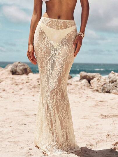 Opulessa Casual Solid Color Knit Lace Low Waist Fitted Mermaid Skirt