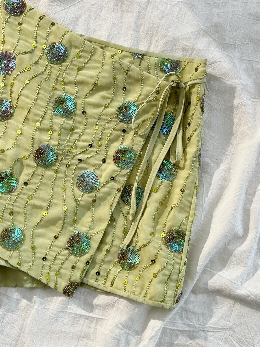 Elamini Women's Casual Party Tie-Wrap Shorts Skirt, Beaded Embroidery - Green - View 1