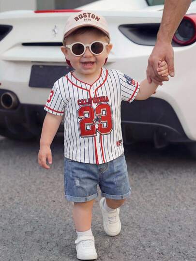 SHEIN Baby Boy Casual Striped Letter Graphic Loose Fit Short Sleeve Top, Sporty Style Suitable For Summer, Spring Outdoor, Sports, Travel And Vacation