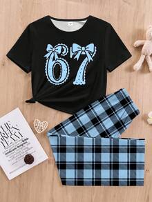 少女67号数字蝴蝶结印花黑色圆领短袖上衣配格子裤两件套 - 彩色 - 查看 2