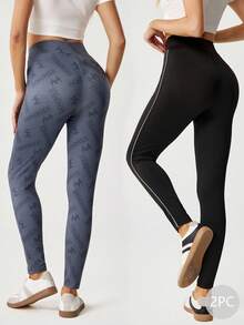 MONOPOLY X SHEIN 2pcs/Set Women's Letter Print Leggings - Black - View 2