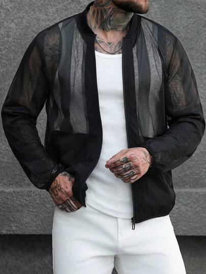 Manfinity CasualCool Men's Casual Fashionable Street Contrast Color Striped Mesh See-Through Lightweight Jacket, Spring/Autumn