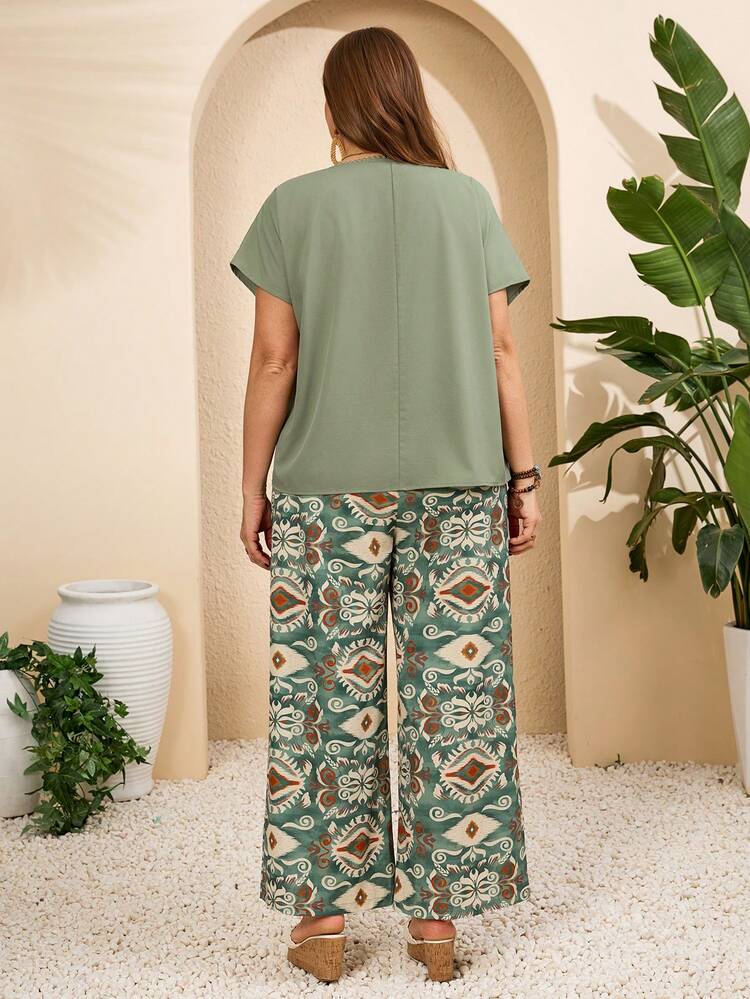 Plus Size Casual Solid Color Top And Allover Print Pants 2 Pieces Set Summer Tops   Summer Outfits Summer Clothes Spring Dress Spring Outfit Women Spring Clothing Beach Vacation Outfits For Women Vacation Dress Bohemian   Festival Outfits For Women Beach Outfits For Women Women's Summer Two-Piece Sets Women Outfits Sets Women Spring Outfit Women Vacation Outfit Sets