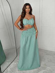 Slaydiva 春夏度假、海滩、优雅、浪漫、性感、派对、约会、生日派对、休闲优雅、吊带背心搭配三段式拼接长裙、褶皱面料女士套装 - A - 綠色 - 查看 2