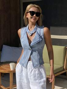 DAZY Chaqueta y chaleco de mezclilla casual sin mangas con cintura ajustada para mujer - Lavado ligero - Ver 2