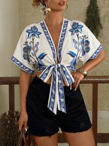 Travachic Plus Size Vintage Floral Print Tie Front Short Sleeve Shirt Boho Wrap Tops For Women Summer Tops For Women Vacation Tie Front Top Casual Tops Women Summer Summer Blouses For Women - Multicolor - View 5