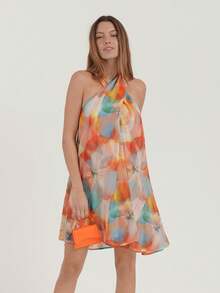 Vestido mini elegante de mujer con estampado floral y cuello halter, para verano - Multicolor - Ver 4