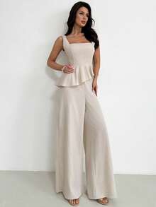 Firerie Bộ đồ nữ thanh lịch, tối giản, thời trang hàng ngày, ôm sát, gồm áo crop top không tay dáng chữ A và quần ống rộng, màu kaki trơn, chất liệu vải dệt họa tiết, thích hợp làm trang phục giáo viên, công sở. - Màu Khaki - Xem 6