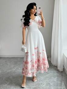 Modelyn Vestido de gasa con estampado floral y cuello en V para mujer, vestido elegante y romántico para vacaciones - Multicolor - Ver 1