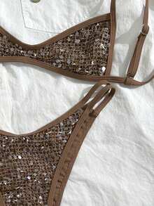 Swim SXY 2pcs Sexy Beaded Micro Bikini Top And V-Cut Hollow Out Triangular Bottoms Swimwear Set - Multicolor - View 7