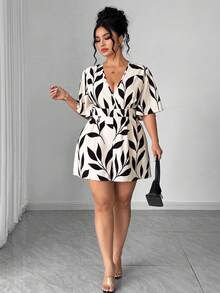 Elenzga Mono de mujer de talla grande con estampado floral y de hojas, cuello en V, manga corta, cintura ceñida, adecuado para primavera/verano, vuelta al colegio, vacaciones, graduación, días festivos, San Valentín, Navidad, festivales de música, Día de la Madre, Halloween, Acción de Gracias, Pascua, Día Nacional, bailes, cumpleaños, citas, fiestas, bodas, actividades al aire libre - Multicolor - Ver 3