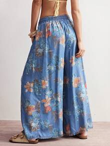 SHEIN BohoFeels Boho Spring/Summer, Vintage Women's Casual Woven Bohemia Vintage Floral Print Vintage Washed Wide Leg Pants, Casual Vacation, Western Country Style Concert Party, Suitable For Beach Vacation & Daily Wear & Back To School & Going Outs & Party & Graduation, 2000s, Y2Ks, Summer Holidays - Blue - View 7