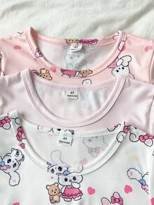 3件套 女童可爱卡通动物印花短袖中长款睡衣，春夏款 - 彩色 - 查看 4