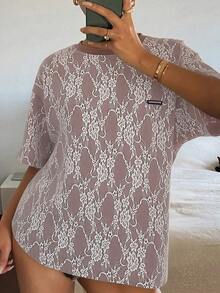 DAZY Women's Casual Lace Letter Print Short Sleeve T-Shirt, Summer - Redwood - View 3