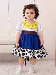 SHEIN Babygirl Cute Summer Cow Pattern Vest Jacket, Color Block Heart Print Dress & Hat 3-Piece Outfit Set - Brown - View 5