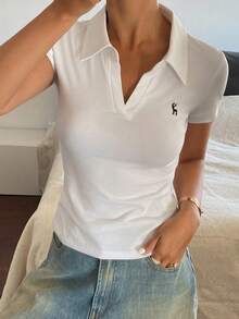 DAZY Women's Minimalist Print Polo Collar Short Sleeve T-Shirt - White - View 3