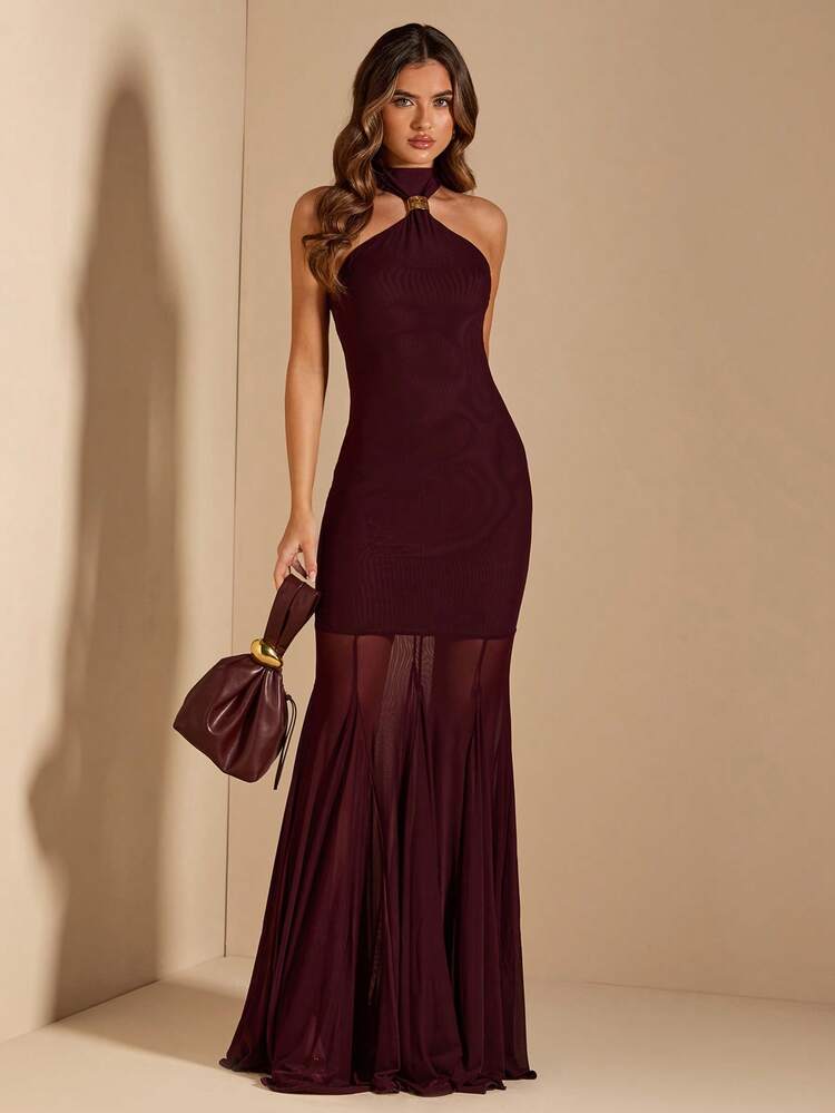 SHEIN BAE فستان نسائي أرجواني ثابت بتصميم هالتر مزين بإبزيم معدني، فستان أنيق لضيوف الزفاف، فستان عيد ميلاد، فستان أنيق - الأرجواني - مشاهدة 1