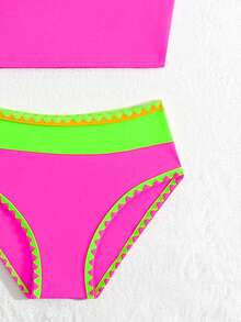 新款时尚少女纯色撞色两件式比基尼泳衣，细肩带 - 彩色 - 查看 5