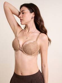 Hourtrue 蜜桃女孩咖啡棕色性感蕾丝前扣文胸，女士薄杯舒适透气提拉钢圈文胸 - 咖啡棕 - 查看 9