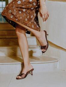 Giày cao gót hở mũi lưới thoáng khí cho nữ, trang trí nơ, phong cách tối giản đa năng mùa hè mới về - Màu Khaki - Xem 8