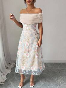 Modelyn Vestido de verano minimalista y sexy con hombros descubiertos, bordado, parches de malla y volantes de punto de poliéster para mujer - Albaricoque - Ver 6