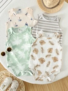 SHEIN Bộ 4 món áo liền quần không tay dệt kim họa tiết cây dừa và sọc dễ thương cho bé sơ sinh trai/gái, chủ đề kỳ nghỉ hè. - Nhiều màu - Xem 1
