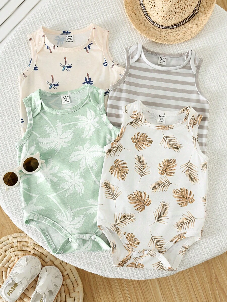 SHEIN Bộ 4 món áo liền quần không tay dệt kim họa tiết cây dừa và sọc dễ thương cho bé sơ sinh trai/gái, chủ đề kỳ nghỉ hè. - Nhiều màu - Xem 1