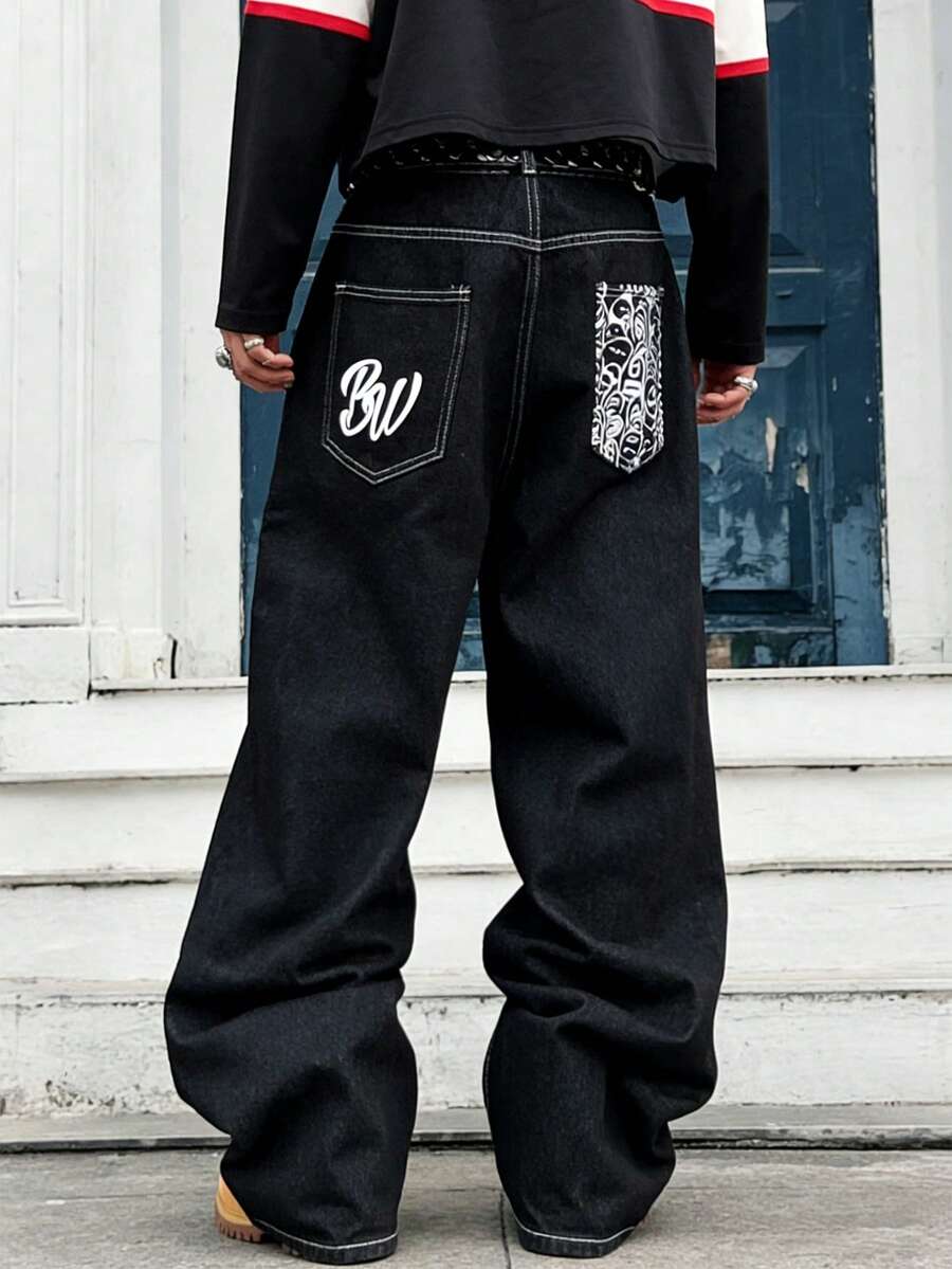 GALLERY FADE Quần Jeans Ống Rộng Túi In Chữ Thường Ngày Cho Nam - màu đen - Xem 1