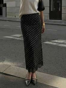 Pariaura 2026 New Arrivals Women's Elegant High Waist Black Polka Dot Mermaid Maxi Skirt With Lace Trim, Slim Fit Flowy Long Skirt For Daily Casual Party Evening Wear - Black - View 6