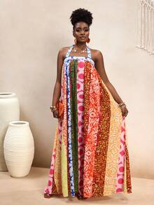 VaVaBold 2026新款女士彩色条纹撞色印花长款吊带连衣裙，超宽下摆，花卉图案夏季吊带裙，沙滩长裙，适合度假和休闲海滩穿着，领口可系带 - 彩色 - 查看 5