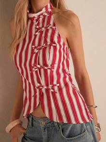 Easelle Red And White Striped,Summer,Elegant,Vacation Red Striped Woven Blouse With Bow Tie, Backless Halter Neck Blouse For Women Y2k Country Concert Festival - Red - View 5