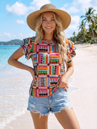 Sylviya Camisa floral casual de mujer con mangas de vuelo texturizadas para vacaciones