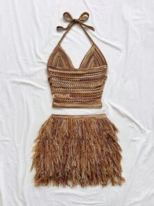 Soleia Women's V-Neck Halter Tie Backless Crop Top And Fringe Hem Mini Skirt 2 Piece Set, Suitable For Party, Christmas, Date Night, Nightclub, Bohemian, Boho, Vacation, Fall - Multicolor - View 2