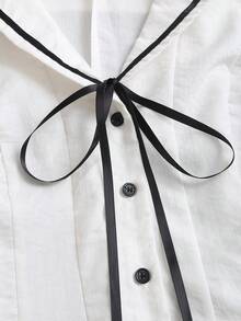 Sweetra 女士夏季新款甜美清纯学院风藏青色领结腰部无袖撞色修身白色衬衫 - 白色 - 查看 4