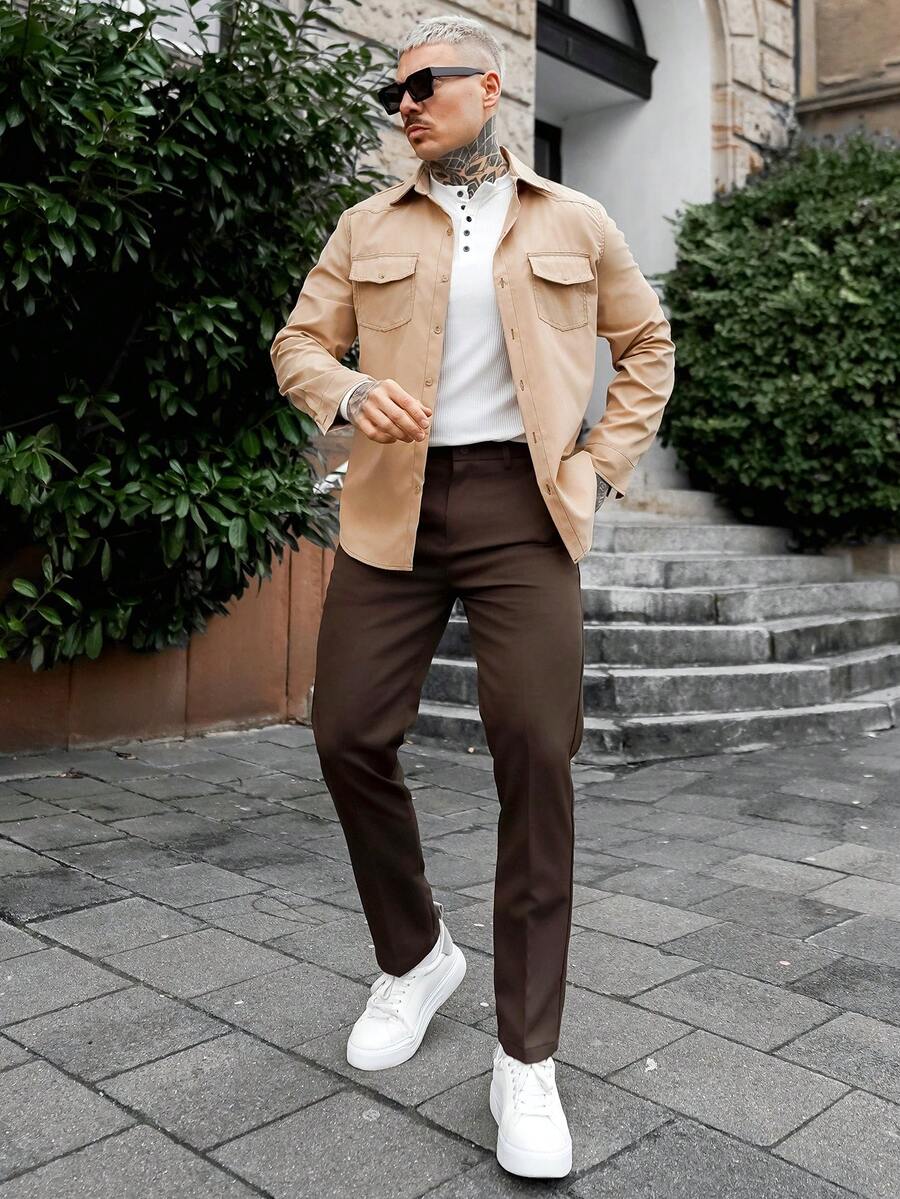 Artur Kramer 男士休闲纯色平领衬衫美式长袖衬衫，适合秋季外出穿着 - 卡其色 - 查看 1