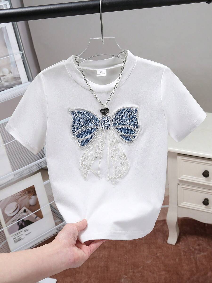 Elladie kids 女童串珠蝴蝶结刺绣圆领短袖休闲标准尺码T恤 - 白色 - 查看 1