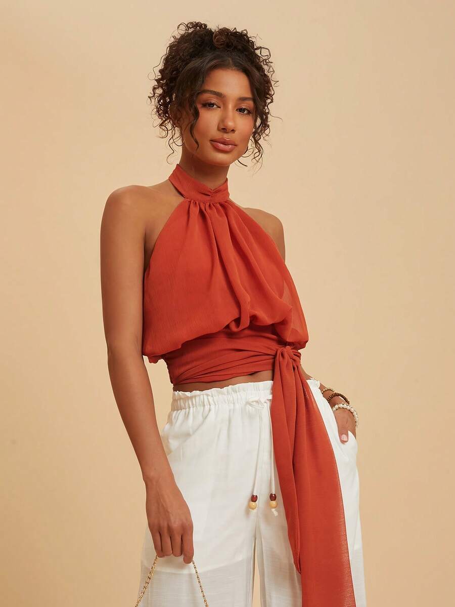 Travachic Women's Halter Neck Tie Strap Sleeveless Tank Top - Orange - View 1