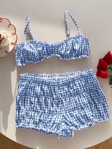 SHEIN EZwear Bộ 2 món áo hai dây kẻ caro gợi cảm và quần short siêu mini cho nữ mùa hè - Màu xanh lam - Xem 6