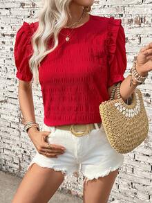 SHEIN Holidaya Casual Vacation Spring/Summer Basic Round Neck Keyhole Button Design Puff Sleeve Shoulder Line Sleeve Cuff Ruffle Pleated Workmanship Sweet Commuting Spring Style Women Blouse - Red - View 7