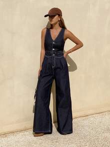 DAZY Mono de pierna recta y holgada con cuello en V y sin mangas, estilo casual de ciudad para mujer - Azul lavado oscuro - Ver 3