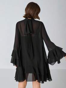 Enchnt 女士纯色网眼拼接长袖简约休闲连衣裙 - 黑色 - 查看 2