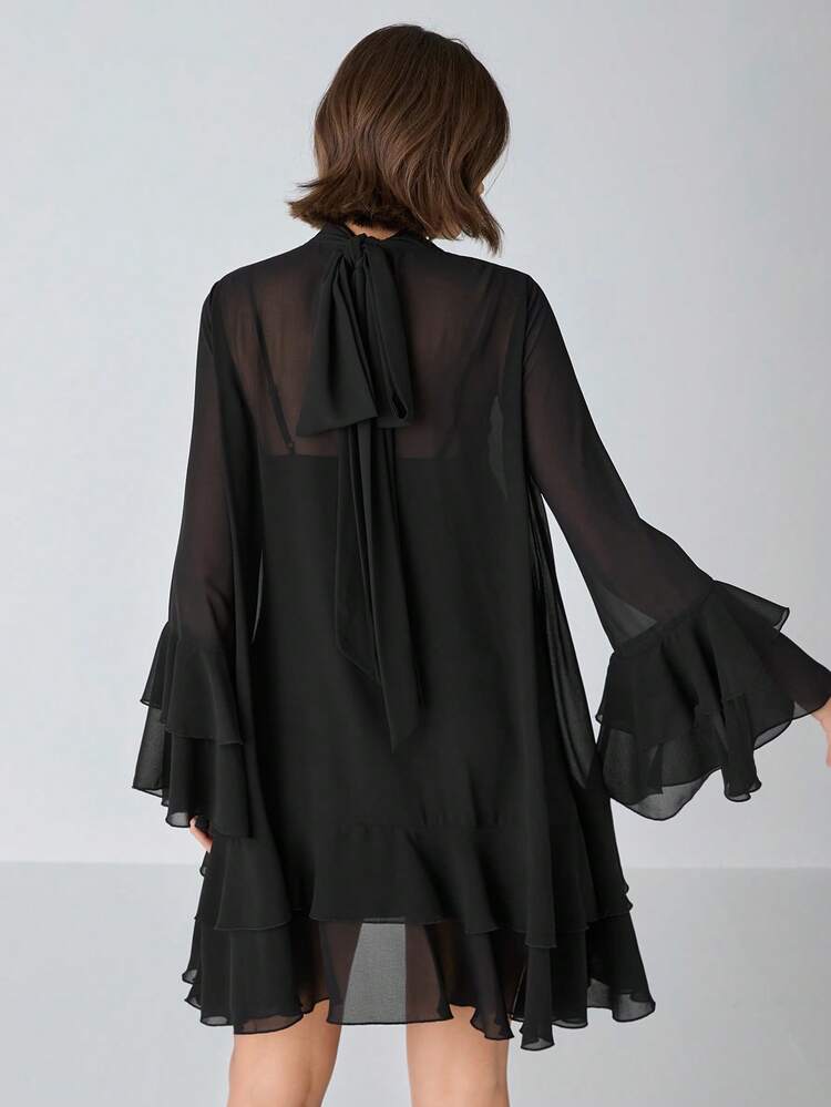 Spring/Summer Romantic Women's Elegant And Romantic Black Chiffon Patchwork Long-Sleeved Simple Perspective Dress, Sweet&Elegant Sundress For Birthday&Holiday Party&Wedding Season&Sweet Date &Garden Parties&Vacation