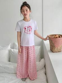 DAZY Tween Girls' Letter Print Short Sleeve T-Shirt And Pants Loungewear Set Summer - White - View 3