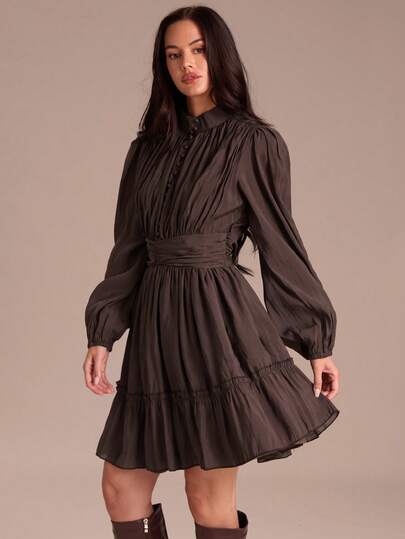 Enchnt Vestido de moda con cuello alto, mangas farol, drapeado y volante en el bajo para mujer de unicolor