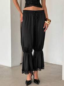 Aloruh 女士春夏新款优雅浪漫时尚奢华缎面蕾丝灯笼裤，适合度假、约会、外出穿着 - 黑色 - 查看 7