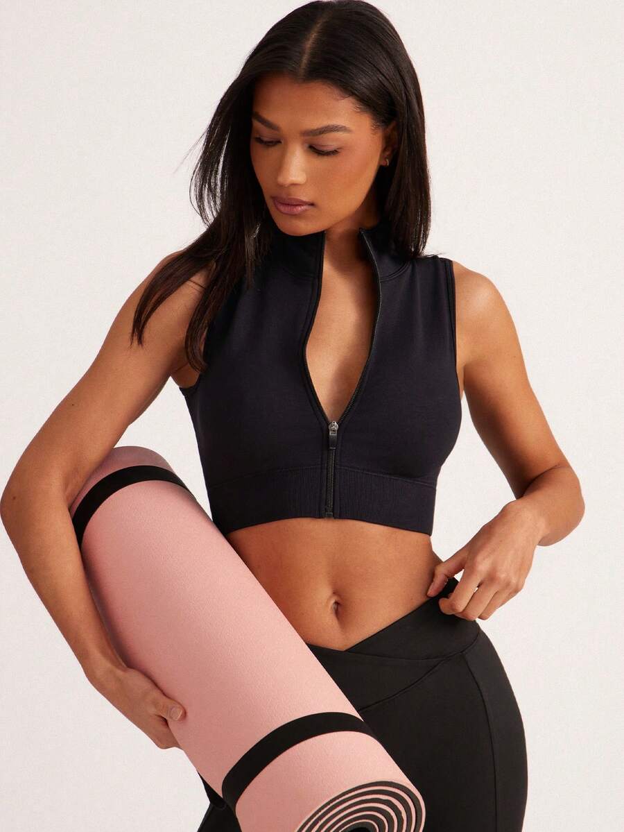 Easithlete Zip Up Crop Sports Tank Top Fitted Shirtworkout Tank Top - Black - View 1