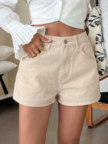 DAZY 女士休闲纯色水洗短裤，春夏款 - 米色 - 查看 8