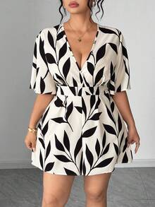 Elenzga Mono de mujer de talla grande con estampado floral y de hojas, cuello en V, manga corta, cintura ceñida, adecuado para primavera/verano, vuelta al colegio, vacaciones, graduación, días festivos, San Valentín, Navidad, festivales de música, Día de la Madre, Halloween, Acción de Gracias, Pascua, Día Nacional, bailes, cumpleaños, citas, fiestas, bodas, actividades al aire libre - Multicolor - Ver 7